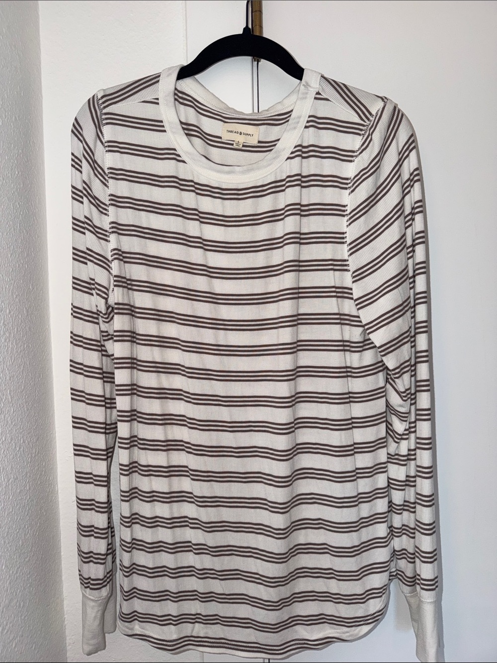 Thread & Supply Cream and Brown Striped Ribbed Top LARGE